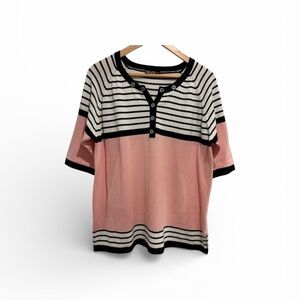 Moffi Black, Pink and White Striped Short-Sleeve Button-Up Sweater